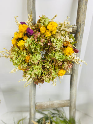 Dried Floral Wreath | Hydrangeas, Strawflowers, Larkspur