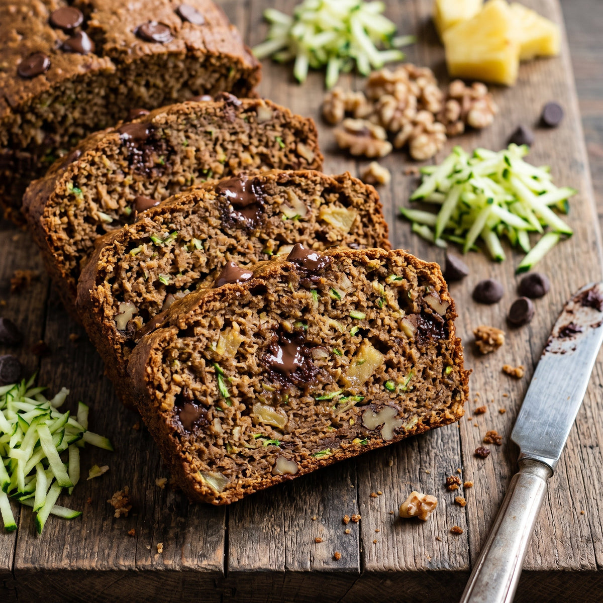 Double-Batch Zucchini Pineapple Chocolate Chip Bread (Whole Wheat and Half-Sugar)