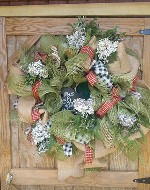 Large Rustic Green, Plaids and Jute Neutral Burlap Wreath