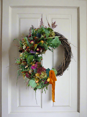 Autumn Crescent Dried Floral Wreath with Velvet Ribbon