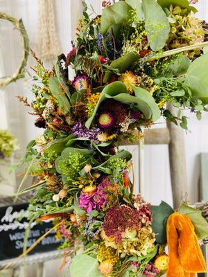 Autumn Crescent Dried Floral Wreath with Velvet Ribbon