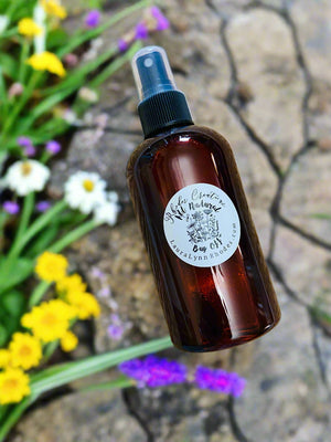 bug spray on rocks with flowers in background outside