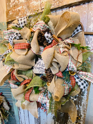 Large Rustic Green, Plaids and Jute Neutral Burlap Wreath