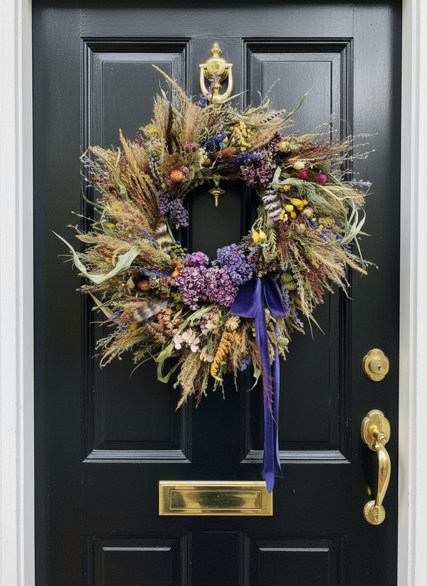 Royal Banquet Autumnal Dried Floral Wreath with Velvet Orchid Ribbon