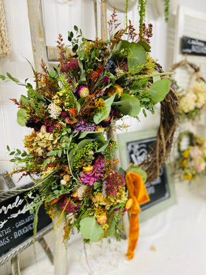 Autumn Crescent Dried Floral Wreath with Velvet Ribbon