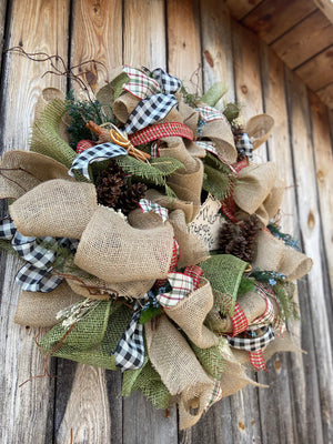 Large Rustic Green, Plaids and Jute Neutral Burlap Wreath