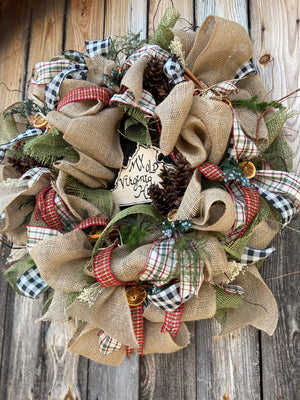 Large Rustic Green, Plaids and Jute Neutral Burlap Wreath