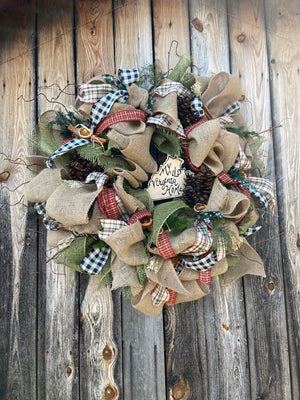 Large Rustic Green, Plaids and Jute Neutral Burlap Wreath