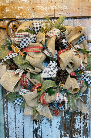 Large Rustic Green, Plaids and Jute Neutral Burlap Wreath