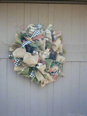 Large Rustic Green, Plaids and Jute Neutral Burlap Wreath