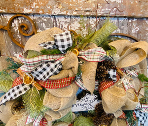 Large Rustic Green, Plaids and Jute Neutral Burlap Wreath