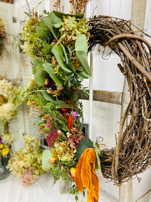 Autumn Crescent Dried Floral Wreath with Velvet Ribbon