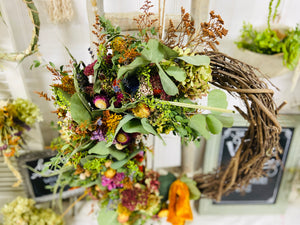 Autumn Crescent Dried Floral Wreath with Velvet Ribbon