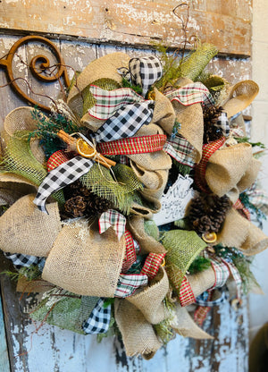 Large Rustic Green, Plaids and Jute Neutral Burlap Wreath