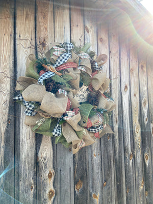 Large Rustic Green, Plaids and Jute Neutral Burlap Wreath