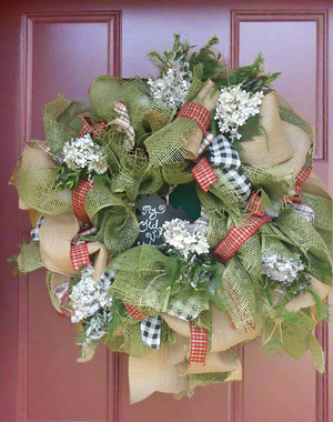 Large Rustic Green, Plaids and Jute Neutral Burlap Wreath