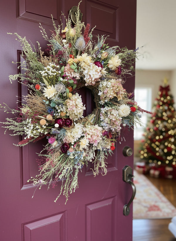 Winter Dried Floral Wreath with Cream and Blush Hydrangea