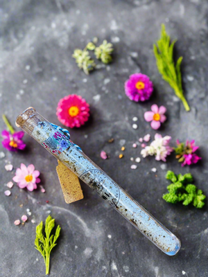 Bath salts in test tube floral background 