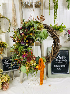 Autumn Crescent Dried Floral Wreath with Velvet Ribbon