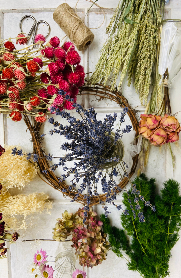 DIY wreath making supplies dried florals ribbon and jute