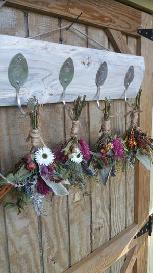 Rustic Farmhouse Four silver spoon Wooden herbal drying rack with dried floral bunches