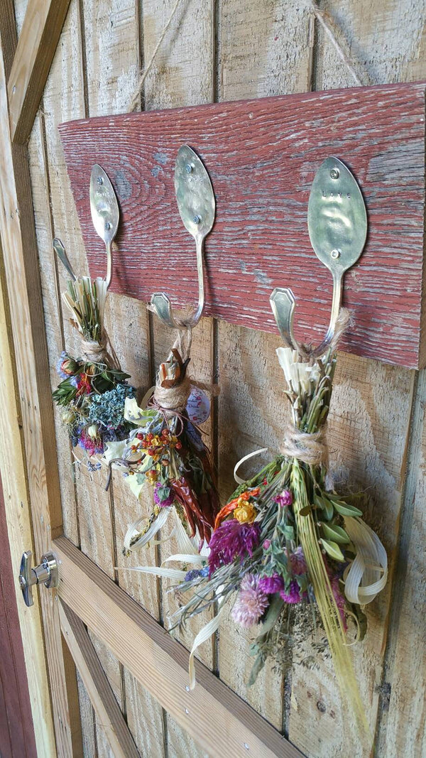 Rustic Farmhouse Vintage Cutlery Hand-stamped barnwood herbal drying rack with Dried Florals