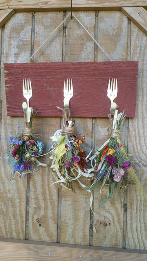 Rustic Farmhouse Triple silver fork barnwood herbal drying rack with dried floral bunches