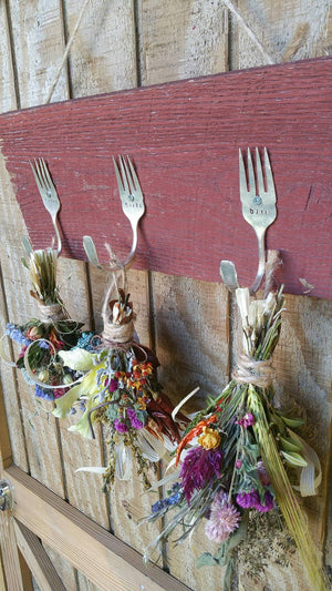 Rustic Farmhouse Triple silver fork barnwood herbal drying rack with dried floral bunches